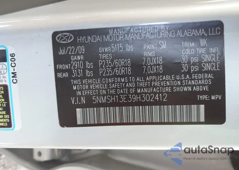 2009 Hyundai Santa Fe Limited z USA, uszkodzony, nr VIN 5NMSH13E39H302412